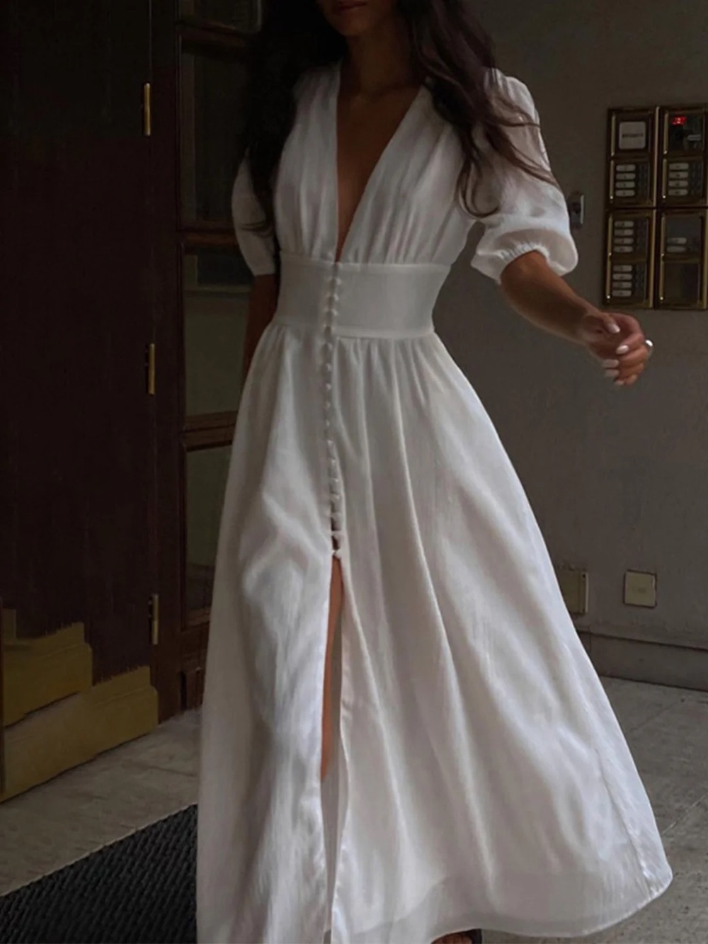 Commense White Button Front Romantic Maxi Dress Medium NWT High Slit Puff Sleeve